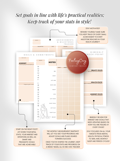 Beige aesthetic Glow-Up Planner goal setting pages, body measurement tracker and achievements milestone tracker, printable PDF by Feeling Cozy