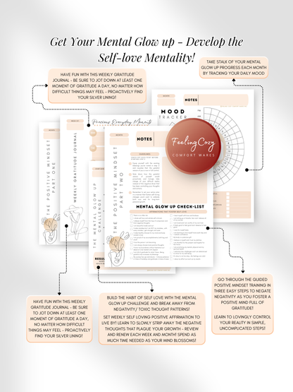 Beige aesthetic Glow-Up Planner positive mindset pages, gratitude journal and mental glow-up checklist, printable PDF by Feeling Cozy