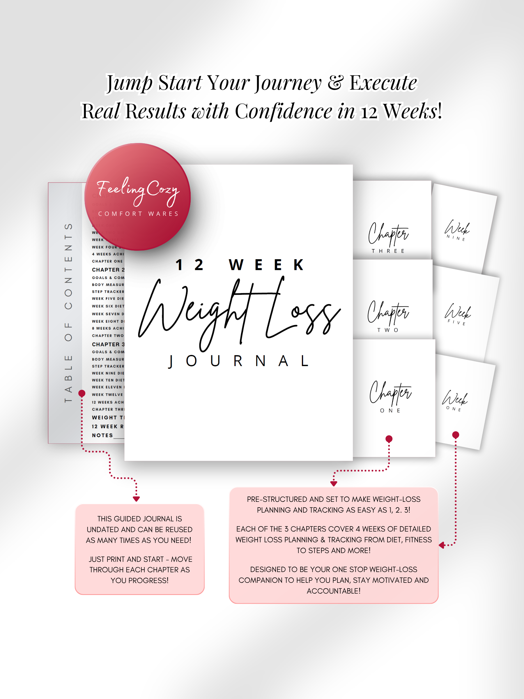 Black and white printable 12 week weight loss journal goals and commitments page, body measurement tracker and chapter checkpoint review by Feeling Cozy