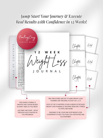 Black and white printable 12 week weight loss journal goals and commitments page, body measurement tracker and chapter checkpoint review by Feeling Cozy