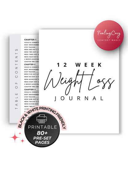 Black and white printable 12 week weight loss journal cover and table of contents, 80+ pre-set pages fitness meal planner by Feeling Cozy