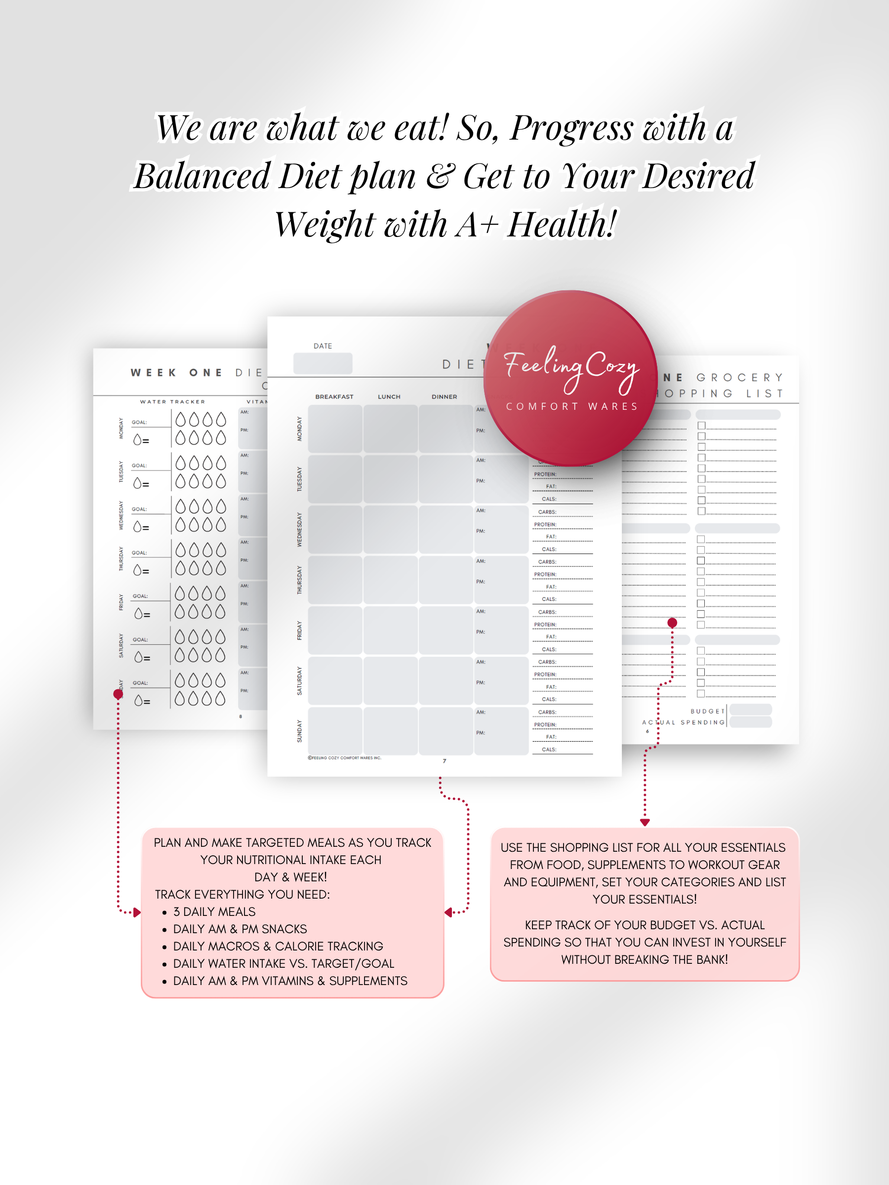 Black and white printable 12 week weight loss journal weekly diet journal, meal planner with macros and grocery shopping list by Feeling Cozy