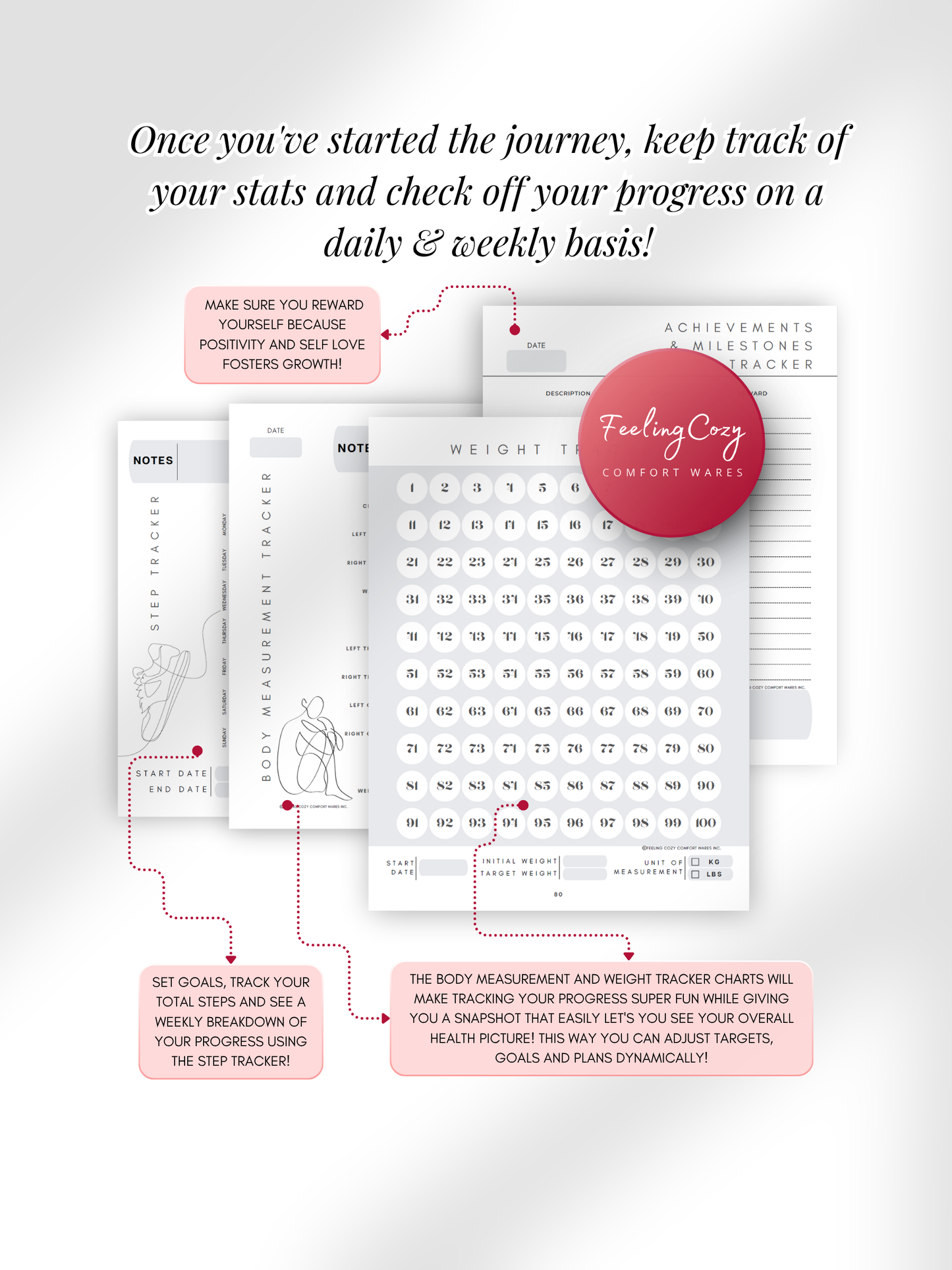 Black and white printable 12 week weight loss journal weight countdown tracker, body measurement tracker and step tracker pages by Feeling Cozy