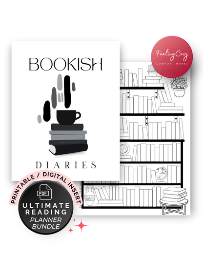 Black and white aesthetic Bookish Diaries printable reading journal cover and color-in bookshelf page, ultimate reading planner bundle by Feeling Cozy