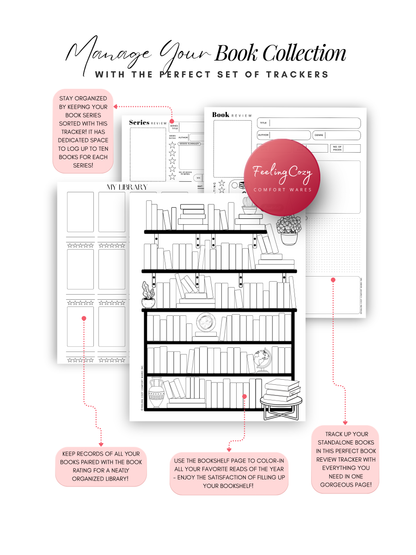 Black and white Bookish Diaries library tracker, series review and book review template pages, printable reading journal by Feeling Cozy