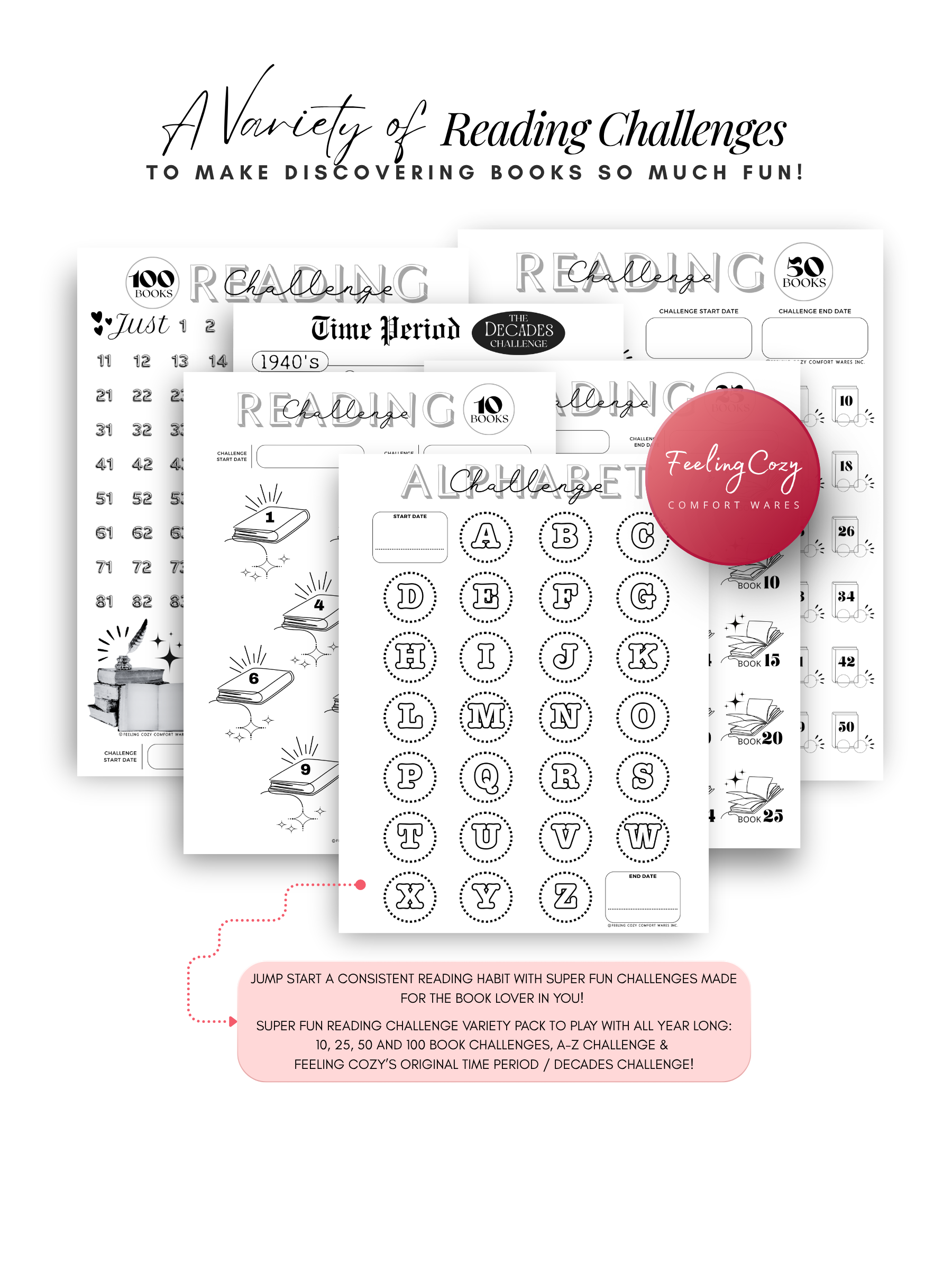 Black and white Bookish Diaries reading challenges, 10 to 100 book challenge, A-Z challenge and time period decades challenge, printable reading journal by Feeling Cozy