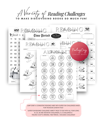 Black and white Bookish Diaries reading challenges, 10 to 100 book challenge, A-Z challenge and time period decades challenge, printable reading journal by Feeling Cozy