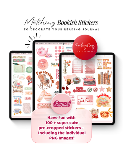 Bonus 100 plus pre-cropped bookish stickers for The Bookish Diaries reading journal, individual PNG files and Goodnotes sticker sheets by Feeling Cozy