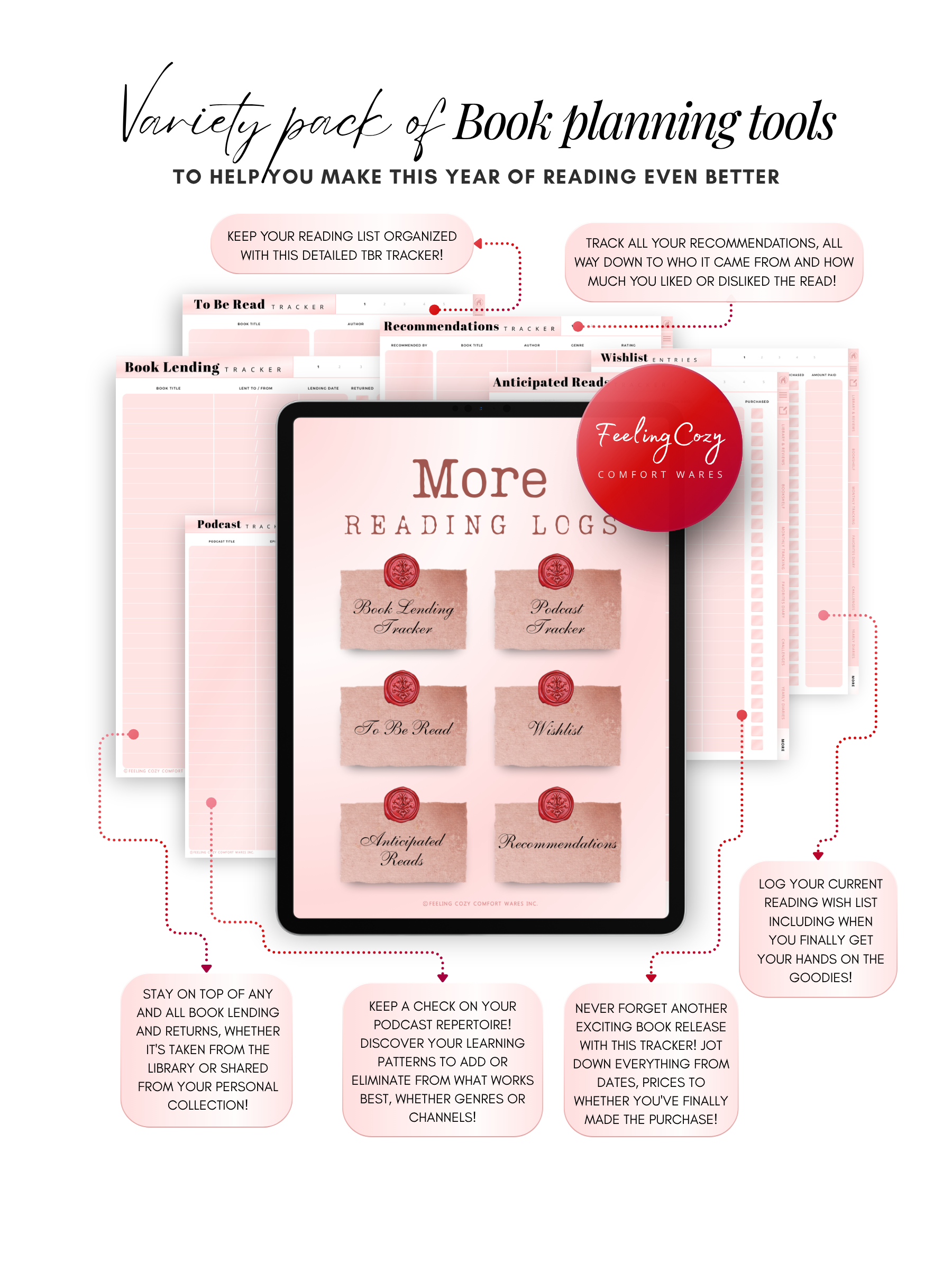 The Bookish Diaries book lending tracker, recommendations log and anticipated reads tracker for iPad by Feeling Cozy