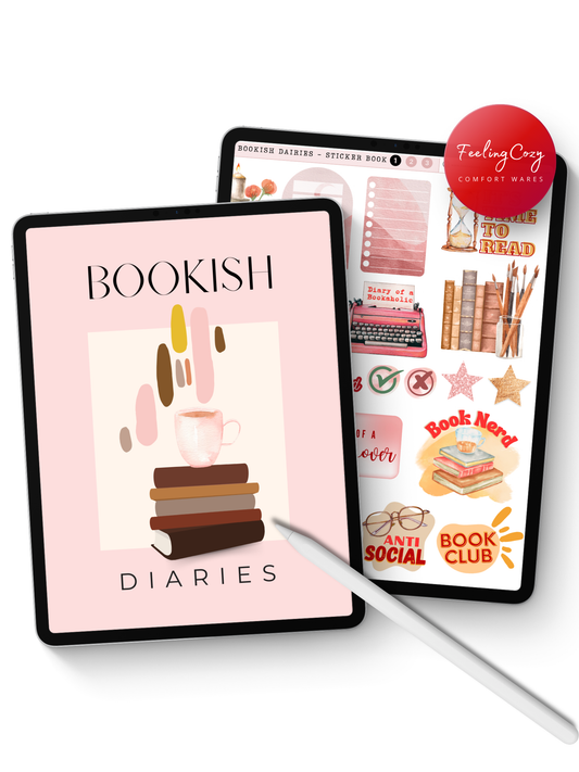 The Bookish Diaries digital reading journal cover for iPad, with bookish sticker book preview, Goodnotes compatible by Feeling Cozy