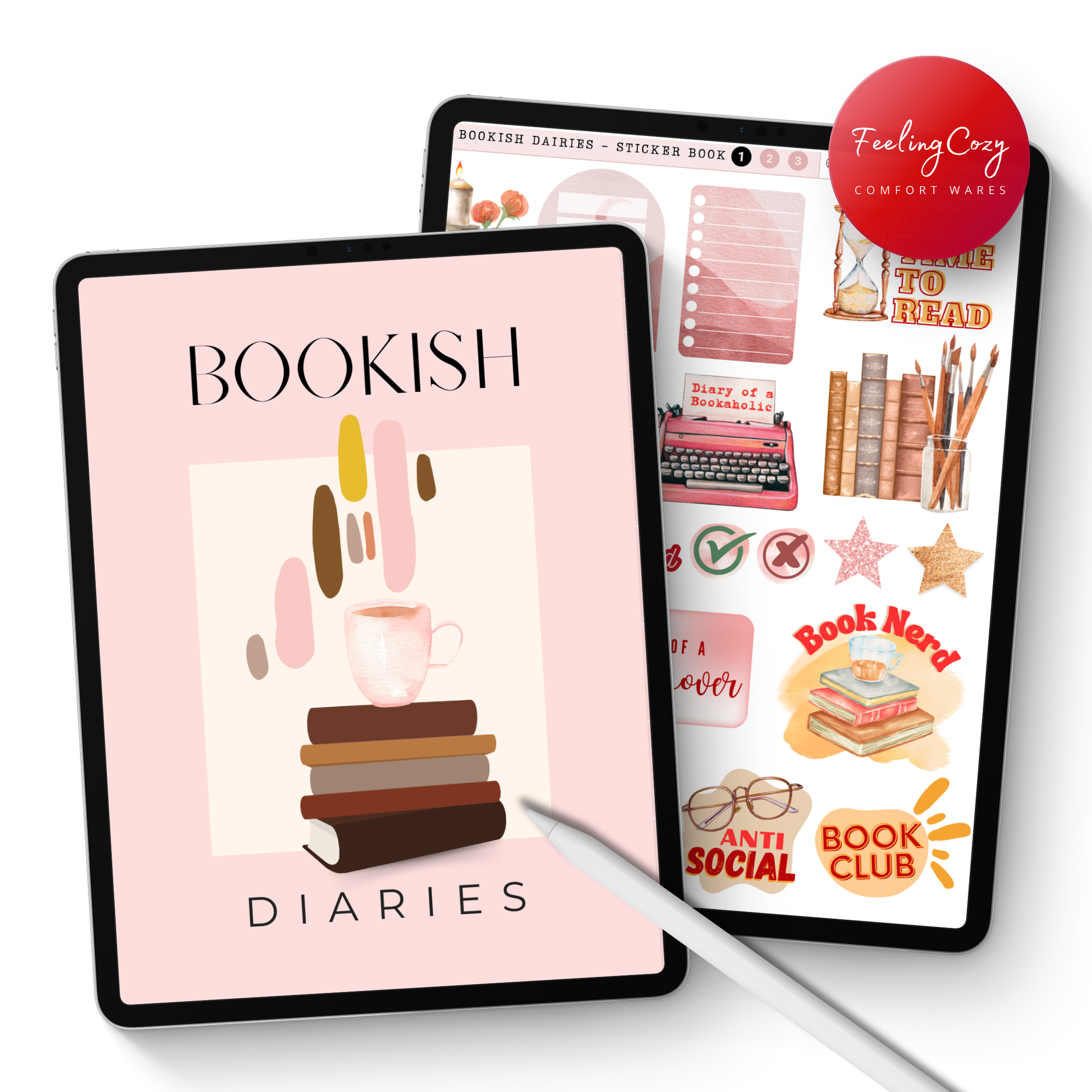 Aesthetic digital reading journal and book tracker for iPad. Includes 'The Bookish Diaries' planner and a digital sticker book featuring bookish illustrations like 'Anti Social Book Club' and 'Book Nerd' for Goodnotes and Notability.
