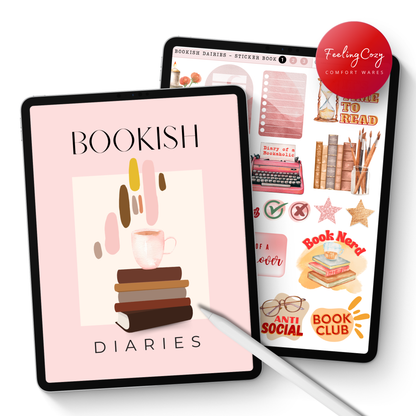 Aesthetic digital reading journal and book tracker for iPad. Includes 'The Bookish Diaries' planner and a digital sticker book featuring bookish illustrations like 'Anti Social Book Club' and 'Book Nerd' for Goodnotes and Notability.