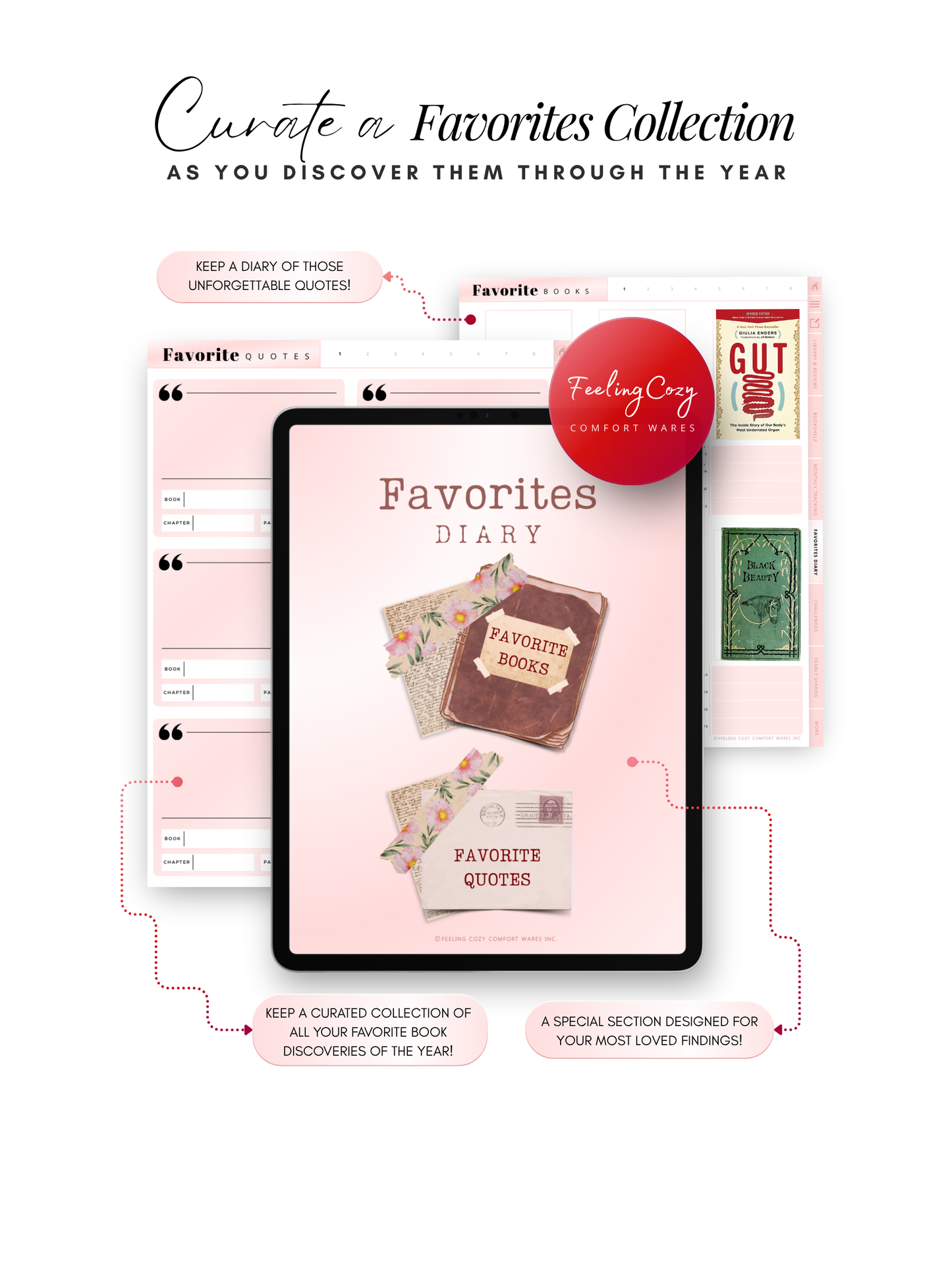 The Bookish Diaries favorites diary, favorite quotes and favorite books collection pages for iPad by Feeling Cozy