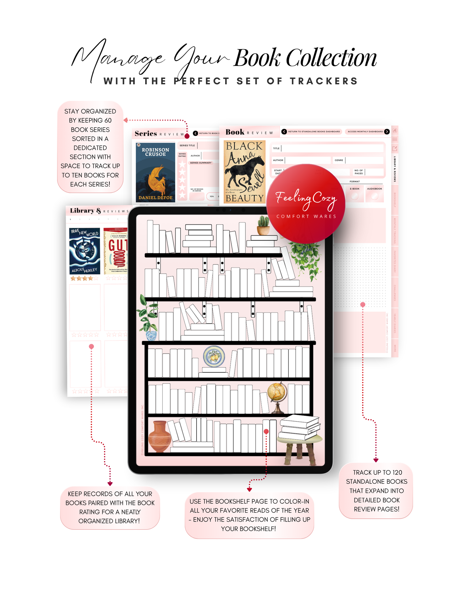 The Bookish Diaries library and book collection tracker, series review and color-in bookshelf pages for iPad by Feeling Cozy