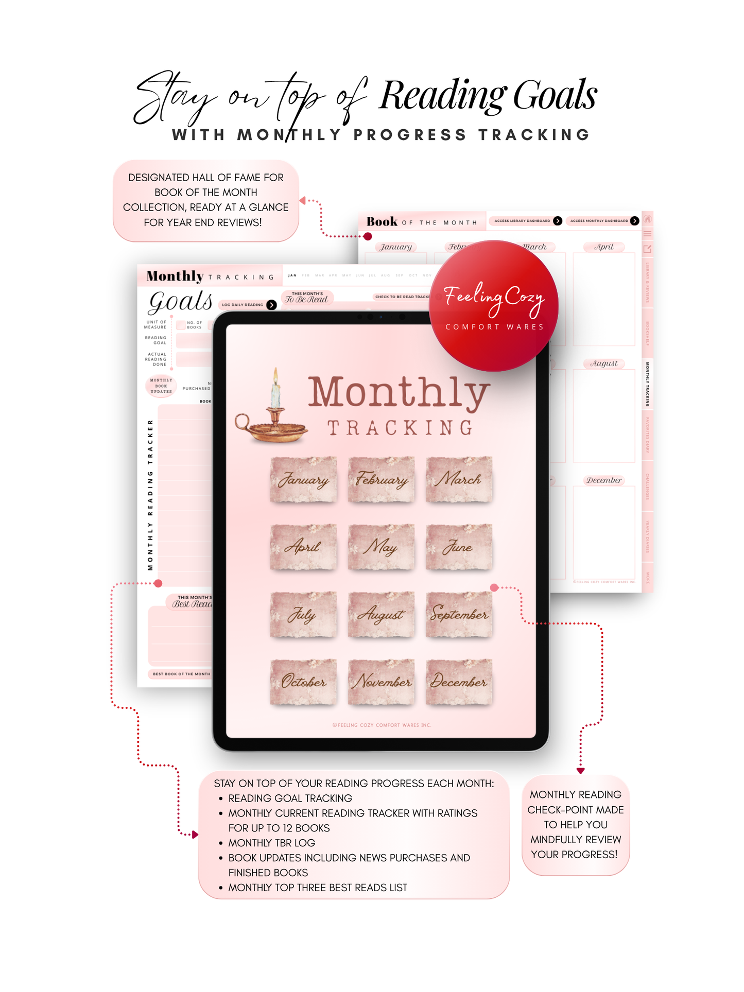 The Bookish Diaries monthly reading tracker, book of the month dashboard and TBR log for iPad by Feeling Cozy