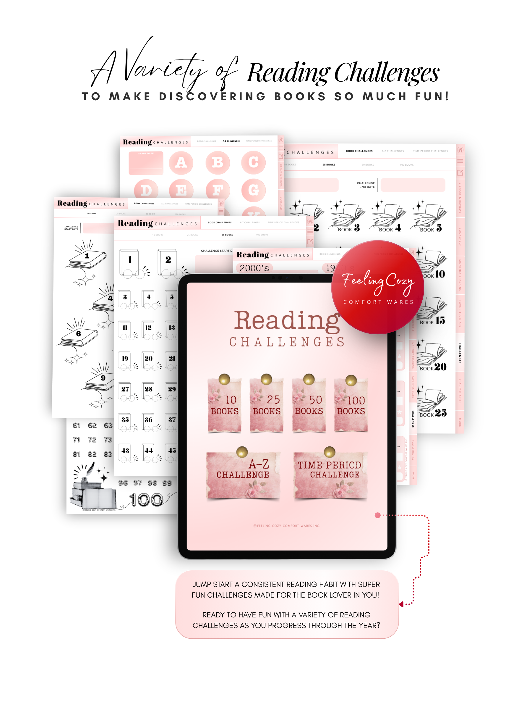 The Bookish Diaries reading challenges section, 10 to 100 book challenge and A-Z reading challenge tracker for iPad by Feeling Cozy