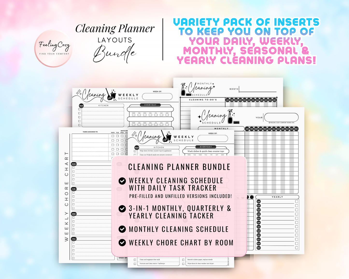 Cleaning planner bundle for Happy Planners featuring a weekly cleaning schedule with daily task trackers. Includes pre-filled and unfilled versions, a weekly chore chart by room, and a 3-in-1 monthly, quarterly, and yearly cleaning tracker in a minimalist black and white design.