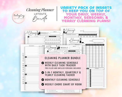 Cleaning planner bundle for Happy Planners featuring a weekly cleaning schedule with daily task trackers. Includes pre-filled and unfilled versions, a weekly chore chart by room, and a 3-in-1 monthly, quarterly, and yearly cleaning tracker in a minimalist black and white design.
