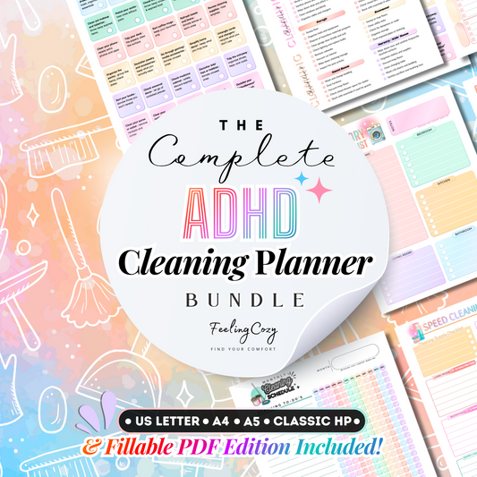 Primary main image for the 51+ page ADHD Cleaning Planner Bundle by Feeling Cozy, featuring a vibrant rainbow color-coded collection of printable and fillable PDF home organization tools. Includes daily routines, weekly chore charts, Clean-tris visual trackers, and FlyLady zone planners available in US Letter, A4, A5, and Classic Happy Planner sizes for comprehensive neurodivergent household management.