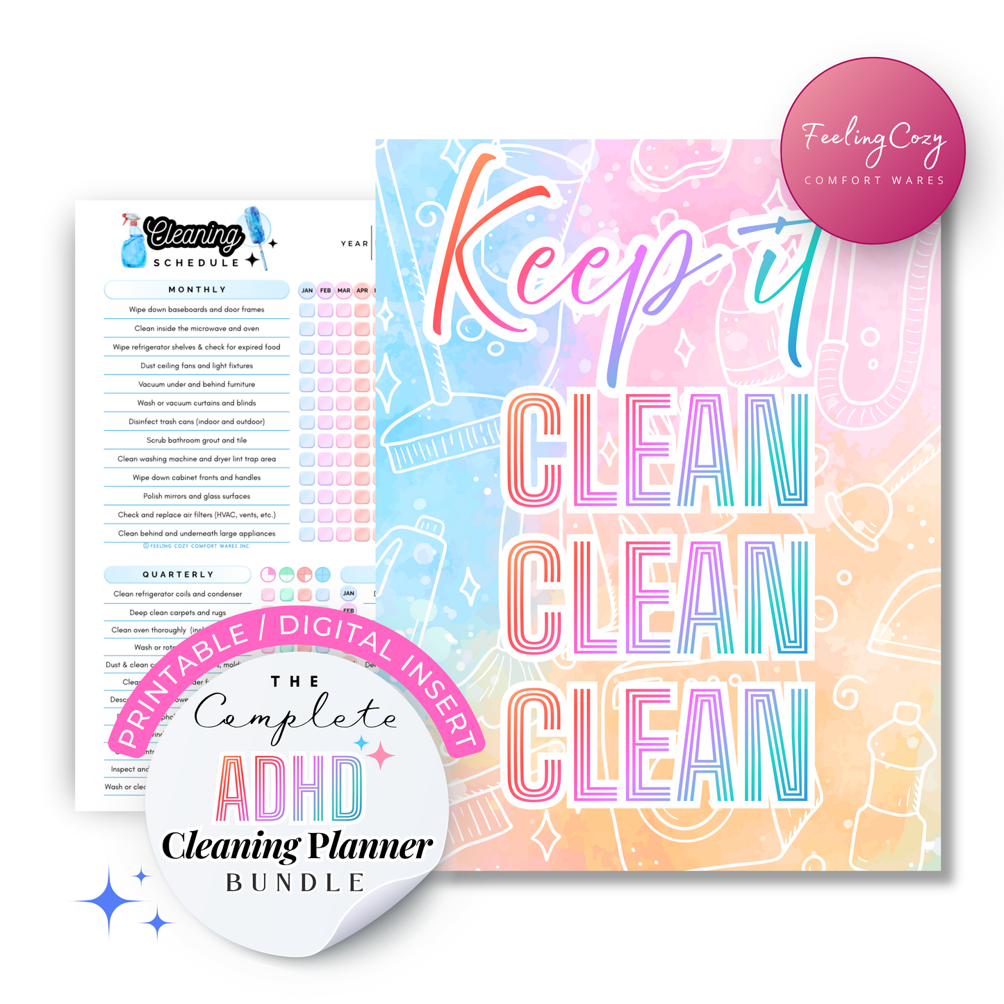 Primary main image for the 51+ page ADHD Cleaning Planner Bundle by Feeling Cozy, featuring a vibrant rainbow color-coded collection of printable and fillable PDF home organization tools. Includes daily routines, weekly chore charts, Clean-tris visual trackers, and FlyLady zone planners available in US Letter, A4, A5, and Classic Happy Planner sizes for comprehensive neurodivergent household management.