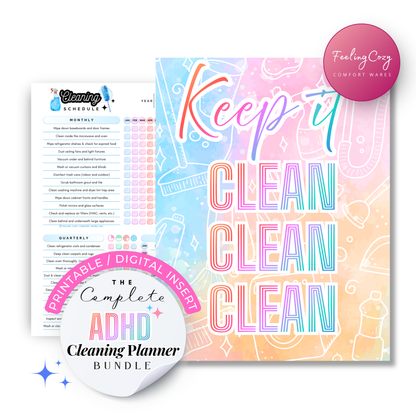 Primary main image for the 51+ page ADHD Cleaning Planner Bundle by Feeling Cozy, featuring a vibrant rainbow color-coded collection of printable and fillable PDF home organization tools. Includes daily routines, weekly chore charts, Clean-tris visual trackers, and FlyLady zone planners available in US Letter, A4, A5, and Classic Happy Planner sizes for comprehensive neurodivergent household management.