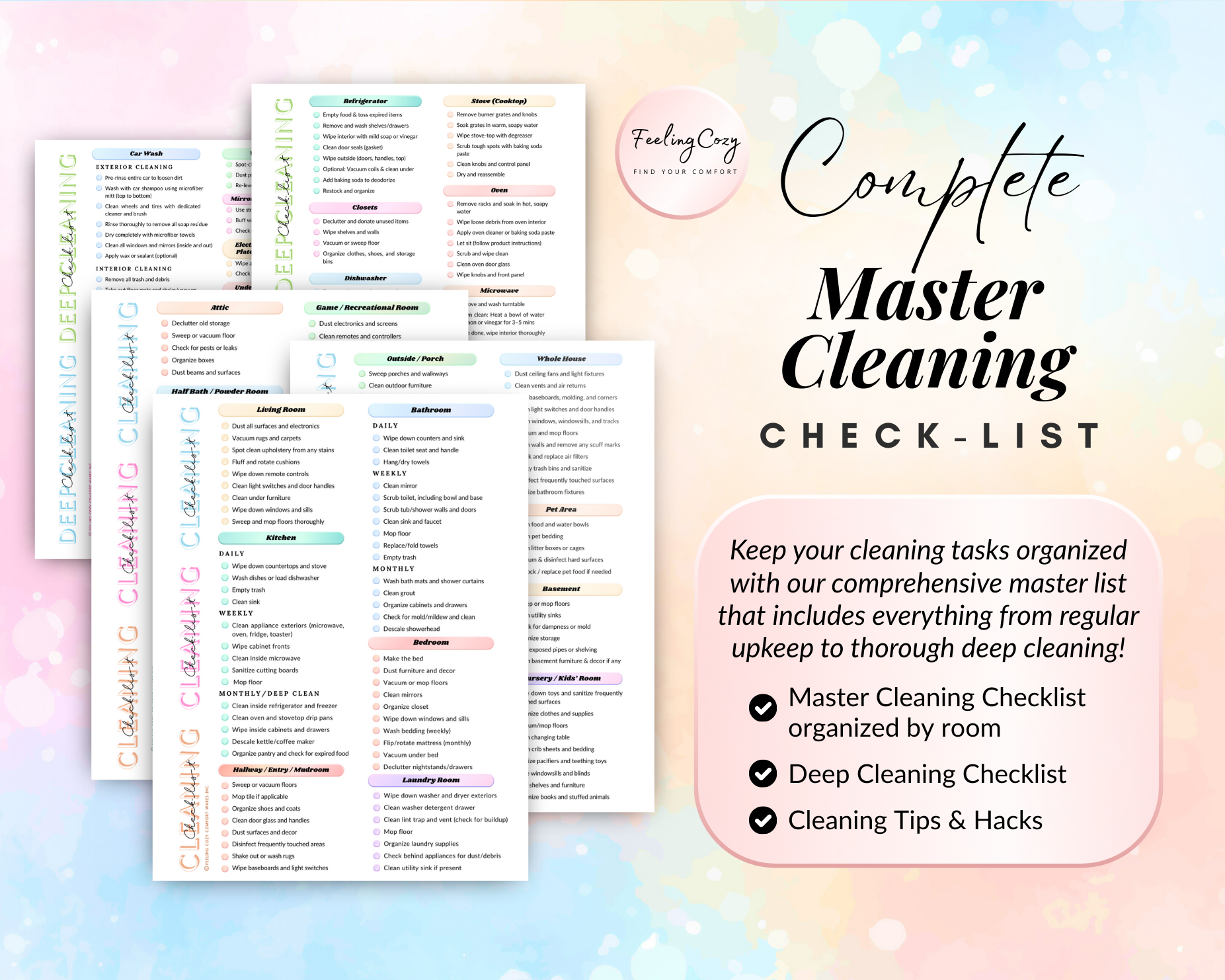 Comprehensive master cleaning checklist organized by room for regular upkeep and deep cleaning; includes detailed lists for every area of the home, cleaning tips, and hacks to keep your space fresh and cozy.