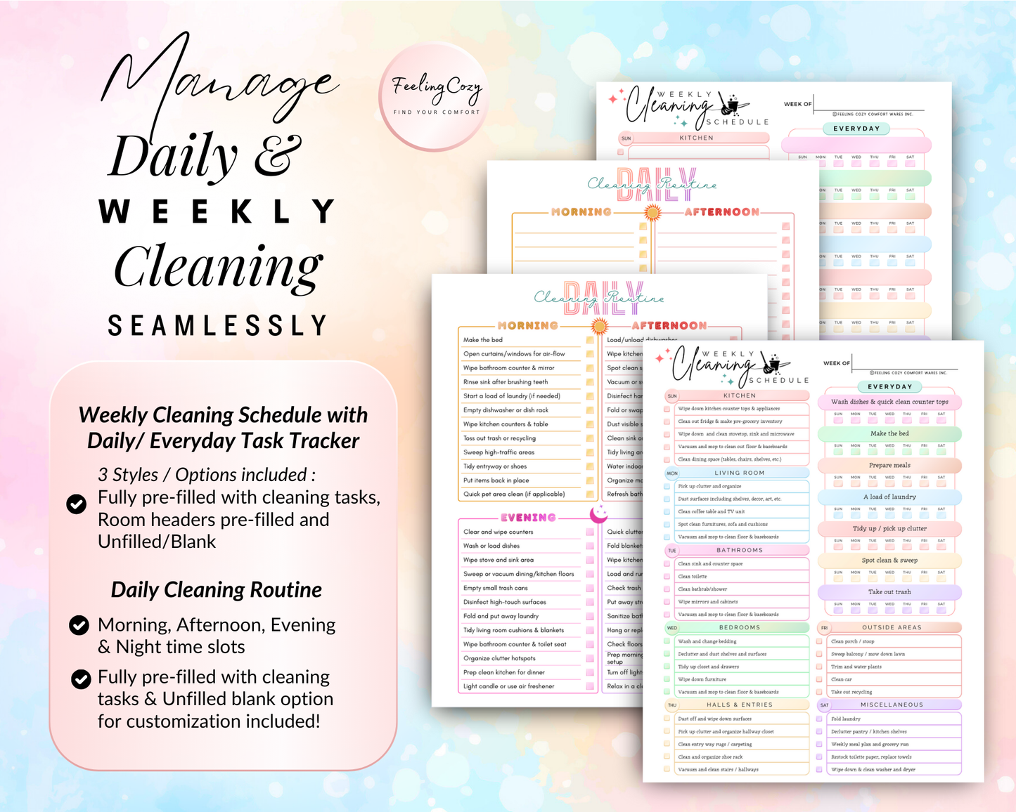 Seamless daily and weekly cleaning routine system for ADHD featuring morning, afternoon, evening, and night time slots; includes a weekly schedule with a daily task tracker and pre-filled room headers.