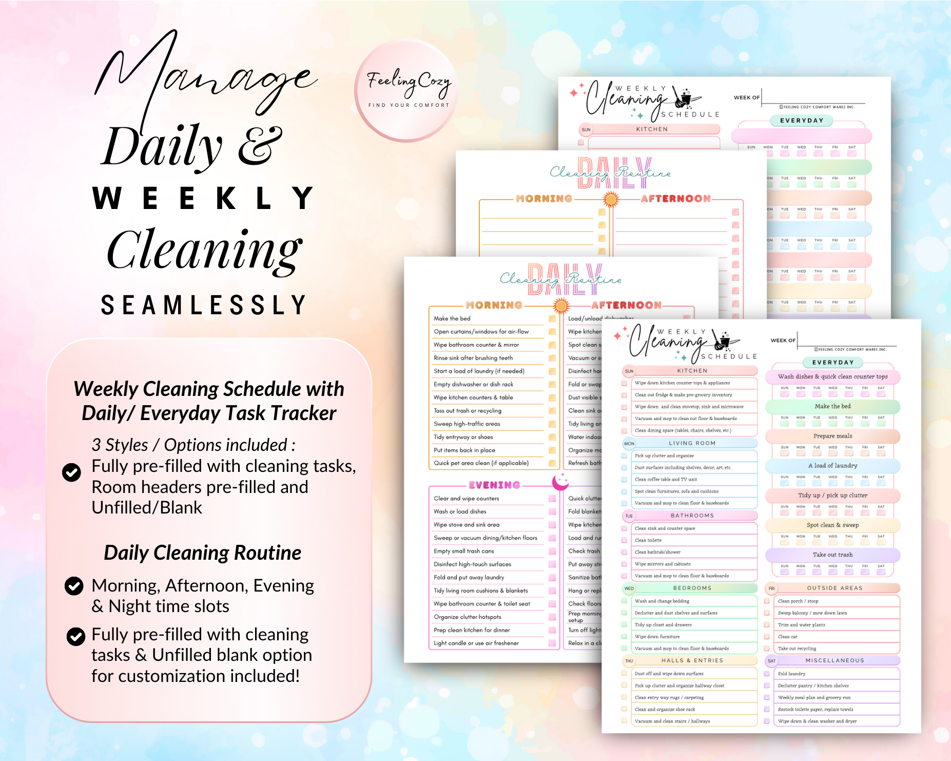 Seamless daily and weekly cleaning routine system for ADHD featuring morning, afternoon, evening, and night time slots; includes a weekly schedule with a daily task tracker and pre-filled room headers.