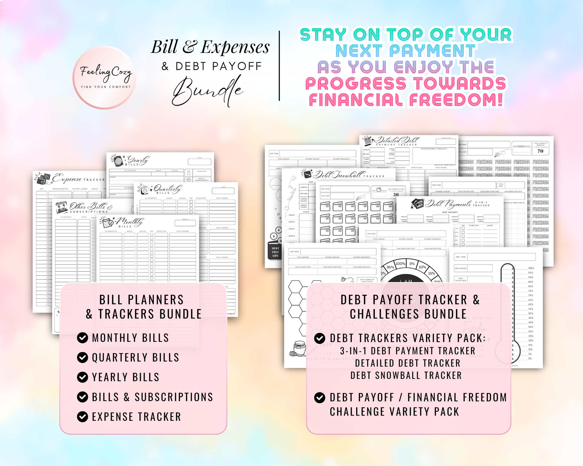 Bill and expenses planner with debt payoff tracker bundle for Happy Planners. Features monthly, quarterly, and yearly bill trackers, expense logs, debt snowball worksheets, and financial freedom challenges in a minimalist black and white design with a colorful promotional background.