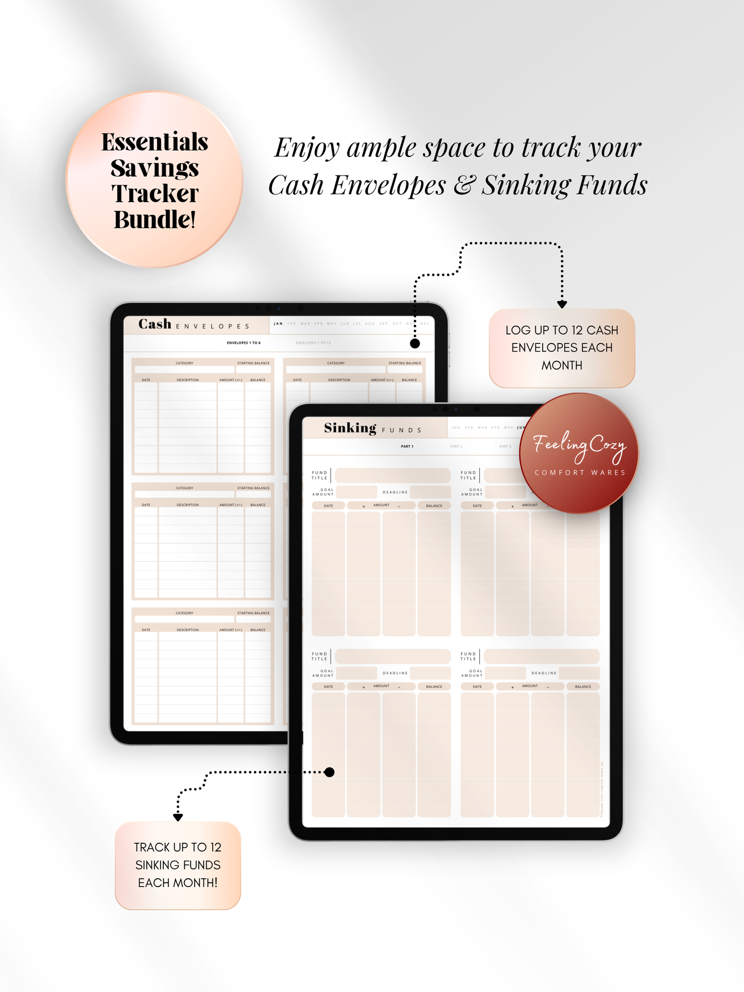 Pink aesthetic digital cash envelope and sinking funds tracker for iPad — log up to 12 monthly cash envelopes and 12 sinking funds with category, date, amount and balance columns for Goodnotes by Feeling Cozy