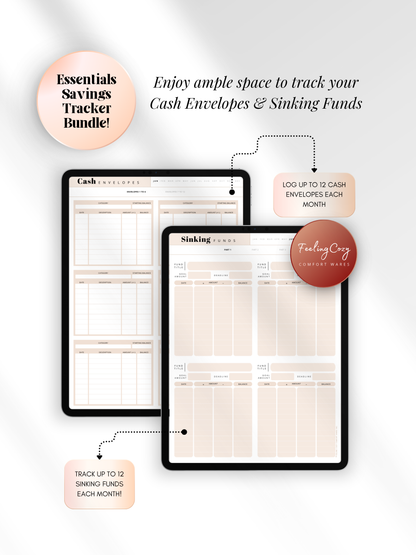 Pink aesthetic digital cash envelope and sinking funds tracker for iPad — log up to 12 monthly cash envelopes and 12 sinking funds with category, date, amount and balance columns for Goodnotes by Feeling Cozy