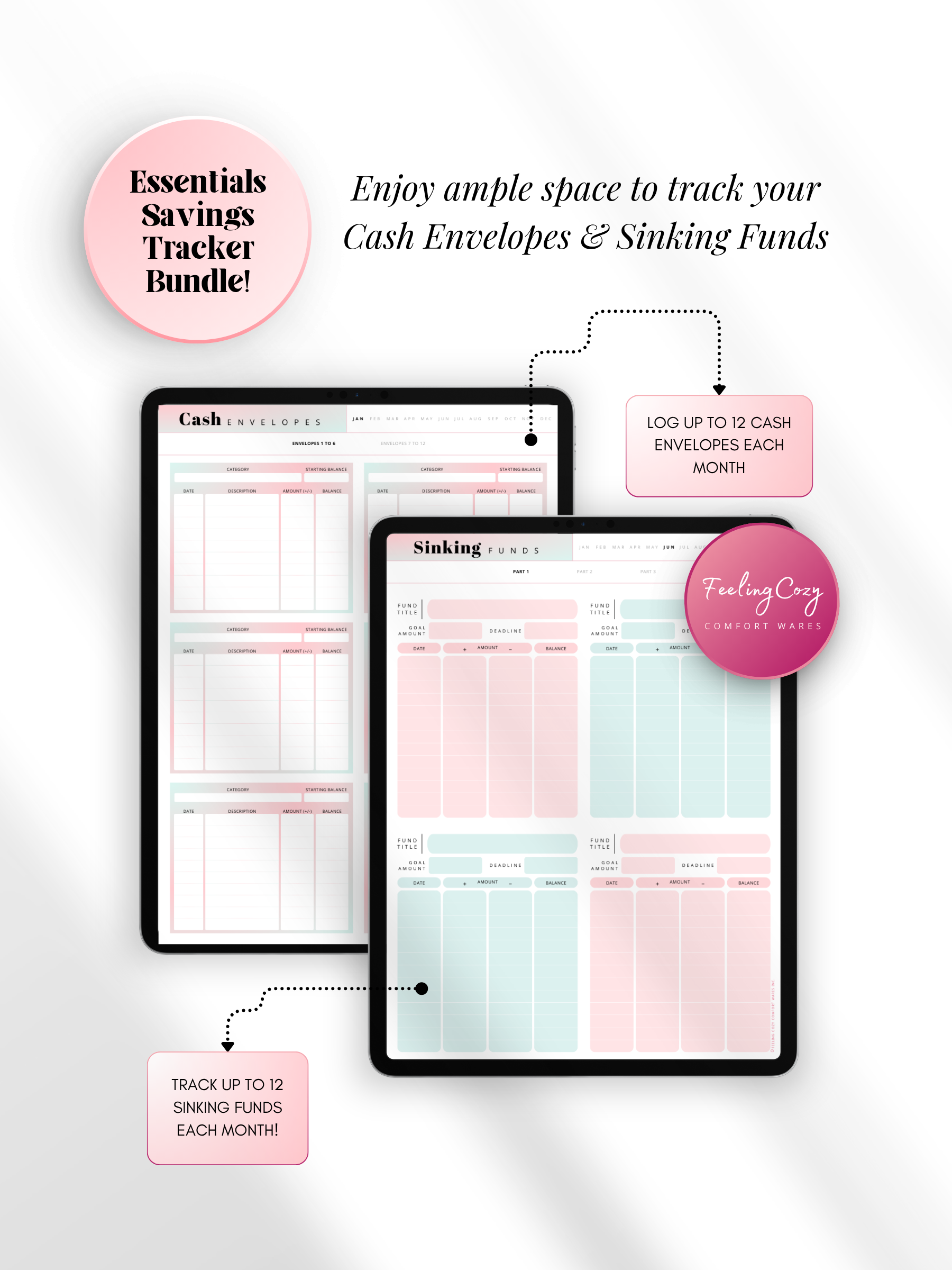 Ombre aesthetic digital cash envelope and sinking funds tracker for iPad — log up to 12 monthly cash envelopes and 12 sinking funds with category, date, amount and balance columns for Goodnotes by Feeling Cozy