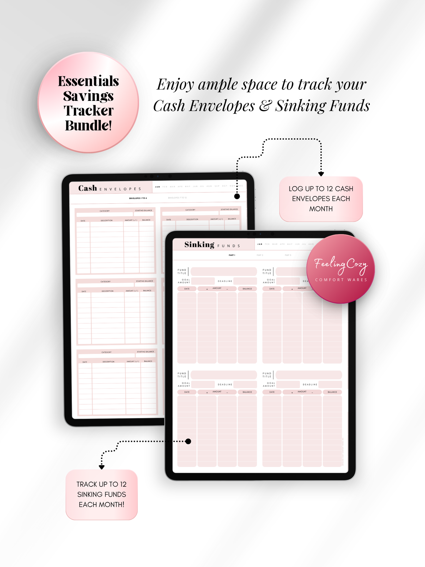 Pink aesthetic digital cash envelope and sinking funds tracker for iPad — log up to 12 monthly cash envelopes and 12 sinking funds with category, date, amount and balance columns for Goodnotes by Feeling Cozy