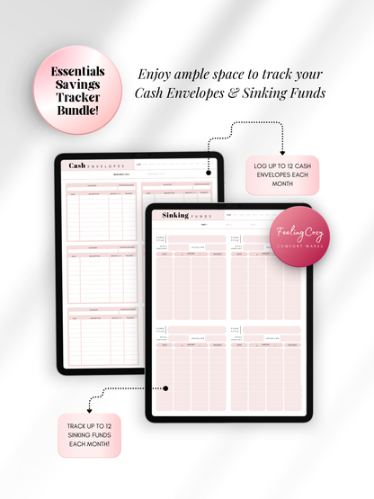 Pink aesthetic digital cash envelope and sinking funds tracker for iPad — log up to 12 monthly cash envelopes and 12 sinking funds with category, date, amount and balance columns for Goodnotes by Feeling Cozy