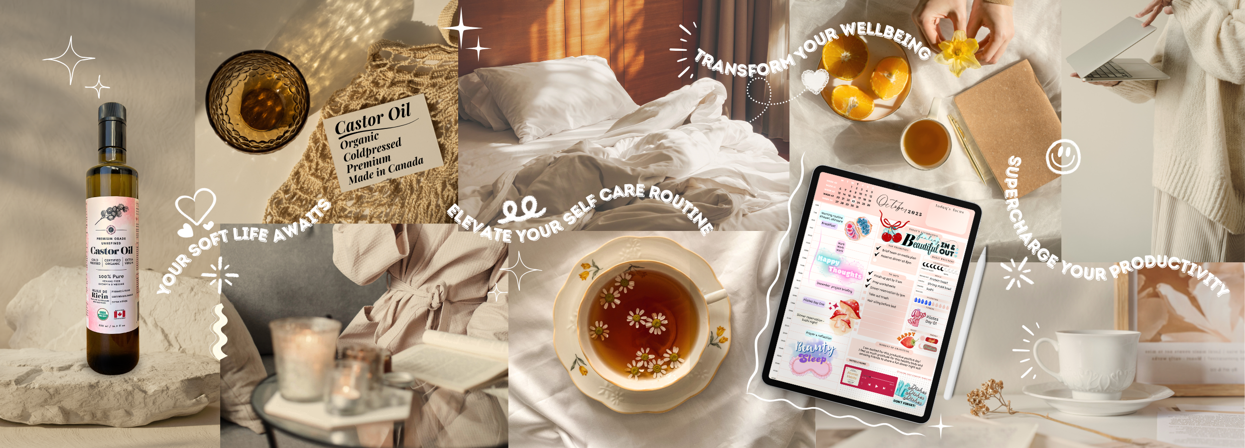 Feeling Cozy organic castor oil and aesthetic digital planner — wellness essentials from BC, Canada.