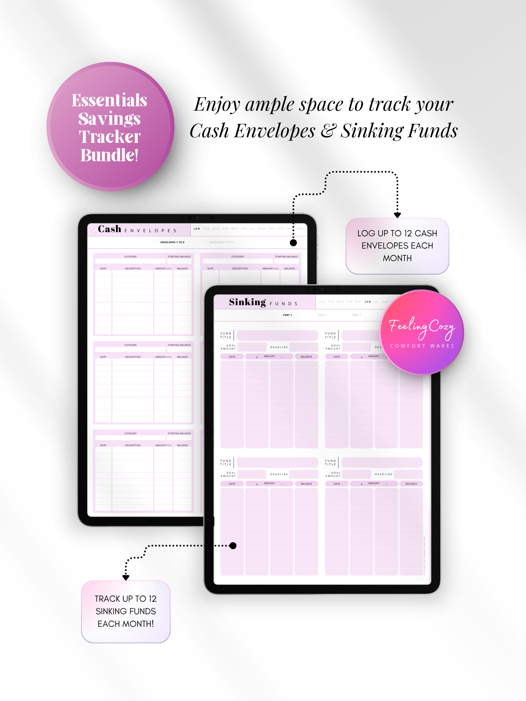 Purple aesthetic digital cash envelope and sinking funds tracker for iPad — log up to 12 monthly cash envelopes and 12 sinking funds with category, date, amount and balance columns for Goodnotes by Feeling Cozy