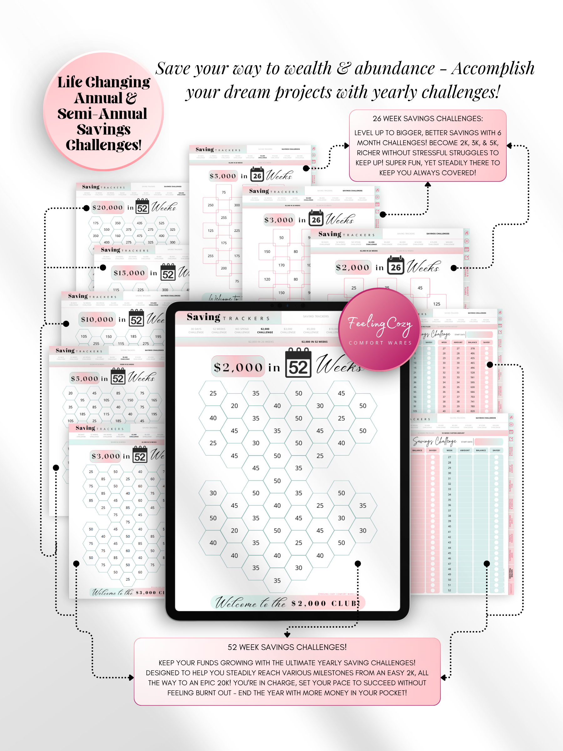 Ombre aesthetic 52-week savings challenge tracker for iPad — hexagon-style coloring trackers for goals from $2,000 to $20,000 with 26-week and 52-week formats for Goodnotes and Notability by Feeling Cozy