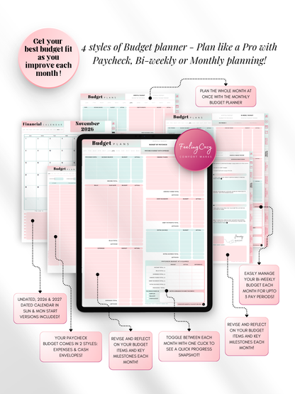 Aesthetic ombre digital budget planner with 4 budgeting styles — paycheck, bi-weekly, and monthly planning layouts for iPad, Goodnotes, and Notability. Includes 2026 and 2027 dated calendars by Feeling Cozy