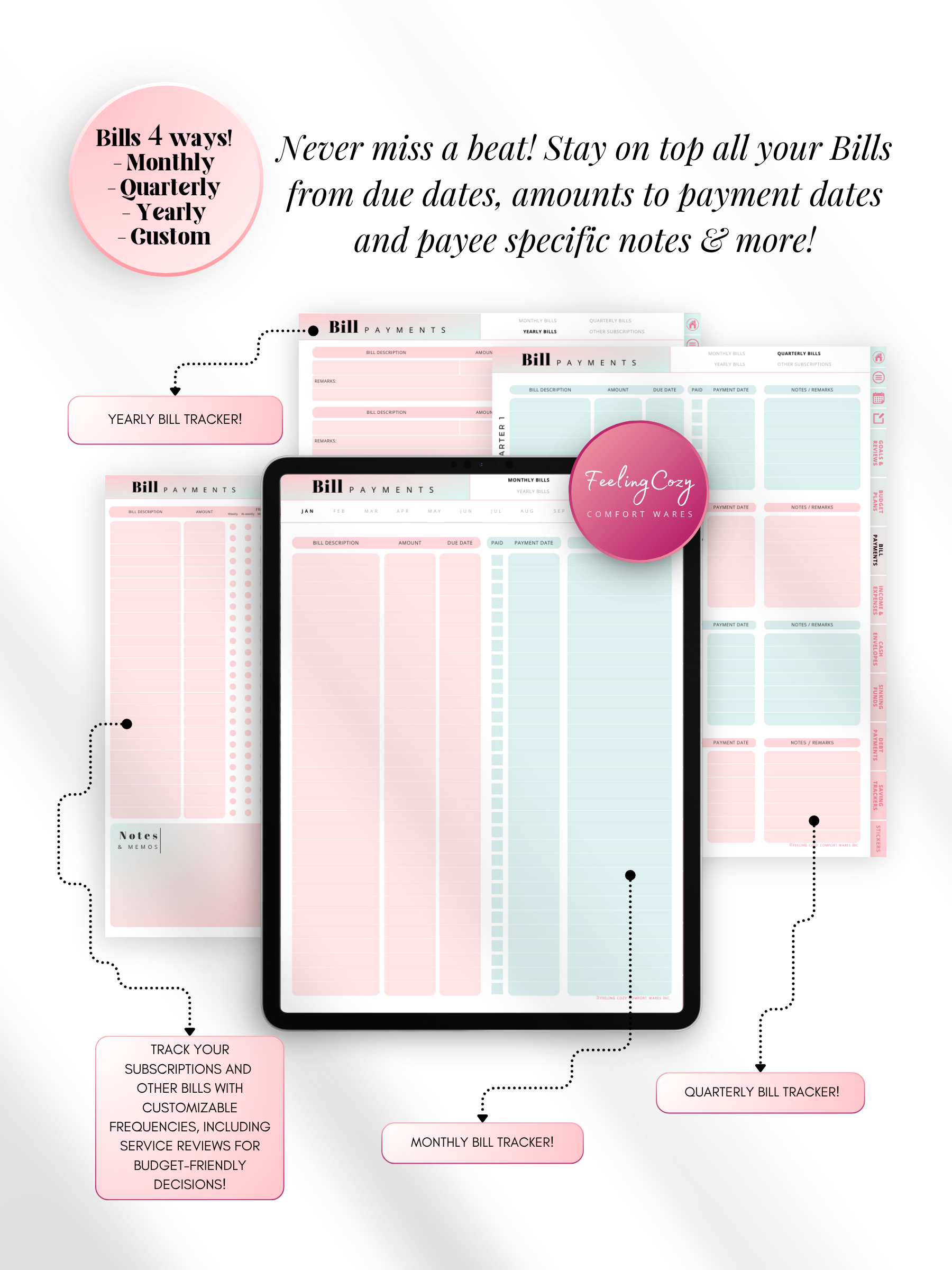 Ombre aesthetic digital bill payment tracker for iPad — monthly, quarterly, yearly and custom bill trackers with due date logs, subscription management, and payee notes for Goodnotes by Feeling Cozy
