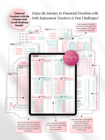 Aesthetic ombre digital debt payoff challenge bundle for iPad — debt snowball tracker for up to 8 debts, 6-debt tracking station, progress thermometers, and motivational affirmations for Goodnotes and Notability by Feeling Cozy