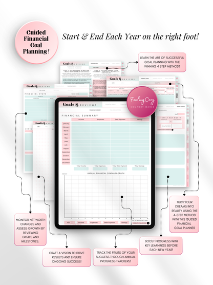 Ombre digital financial goal planner for iPad — 4-step method goals workbook, annual progress tracker, and net worth review pages for Goodnotes and Notability by Feeling Cozy