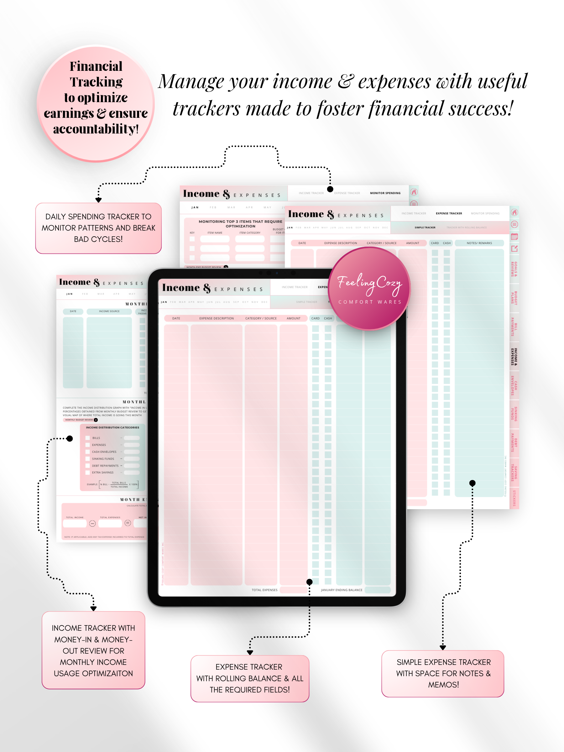 Ombre aesthetic digital income and expense tracker for iPad — daily spending log, rolling balance expense tracker, and monthly income review for Goodnotes and Notability by Feeling Cozy
