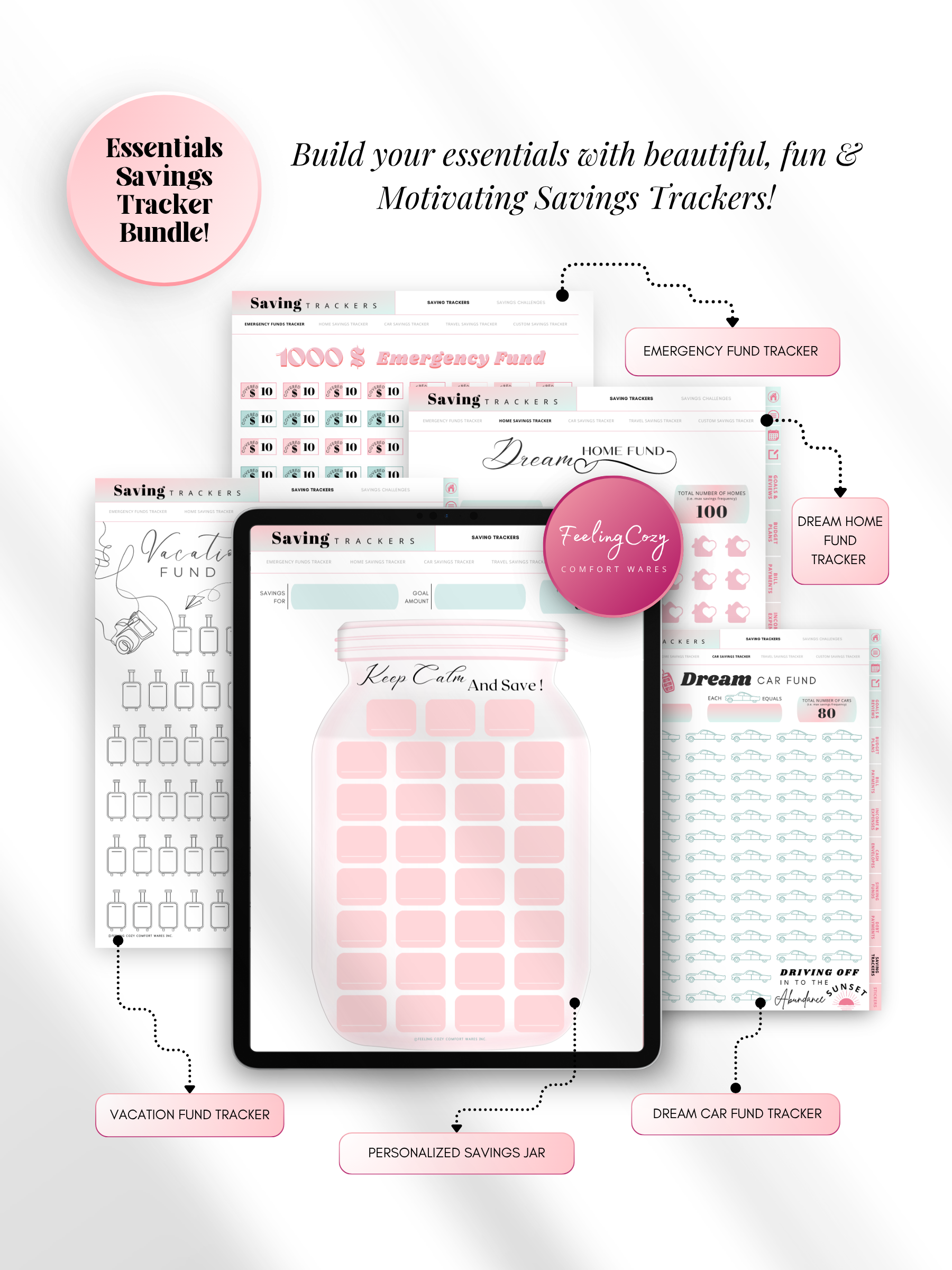 Ombre aesthetic digital savings tracker bundle for iPad — personalized savings jar, emergency fund tracker, vacation fund, dream home and dream car fund trackers for Goodnotes and Notability by Feeling Cozy