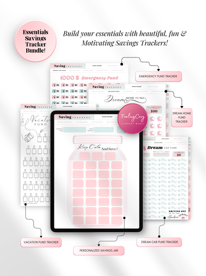 Ombre aesthetic digital savings tracker bundle for iPad — personalized savings jar, emergency fund tracker, vacation fund, dream home and dream car fund trackers for Goodnotes and Notability by Feeling Cozy