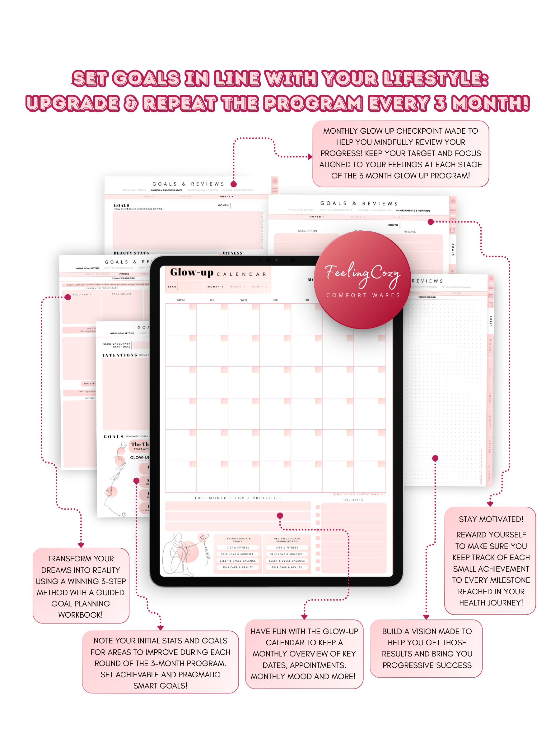 Glow-Up Planner 3-month goal setting calendar and monthly progress review for iPad — undated and reusable wellness program tracker by Feeling Cozy