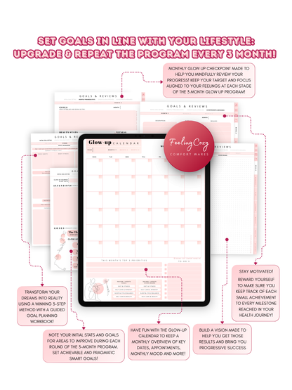 Glow-Up Planner 3-month goal setting calendar and monthly progress review for iPad — undated and reusable wellness program tracker by Feeling Cozy