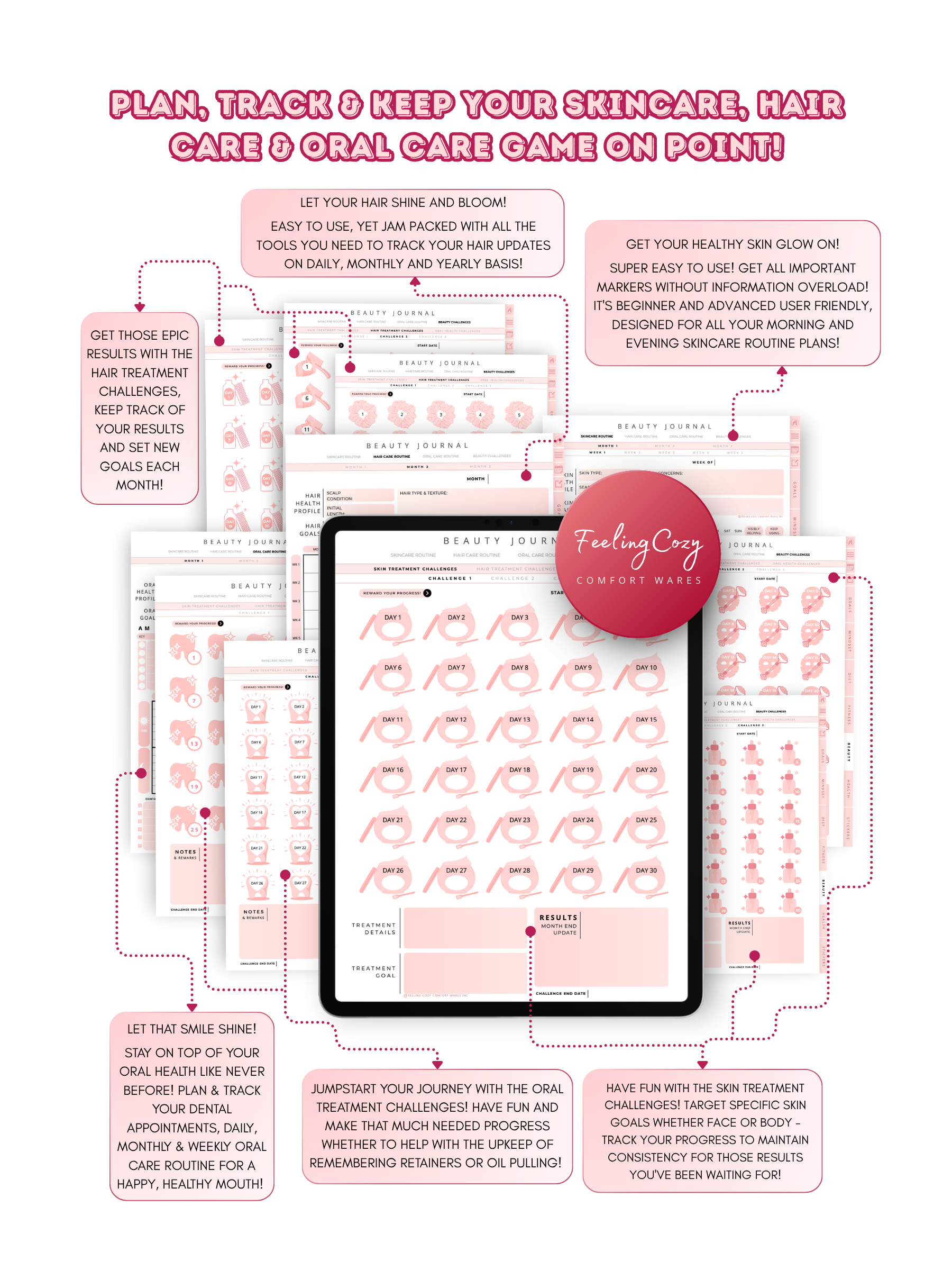 Glow-Up Planner beauty journal — skincare routine tracker, hair care planner, and oral care routine with 30-day treatment challenges for iPad by Feeling Cozy