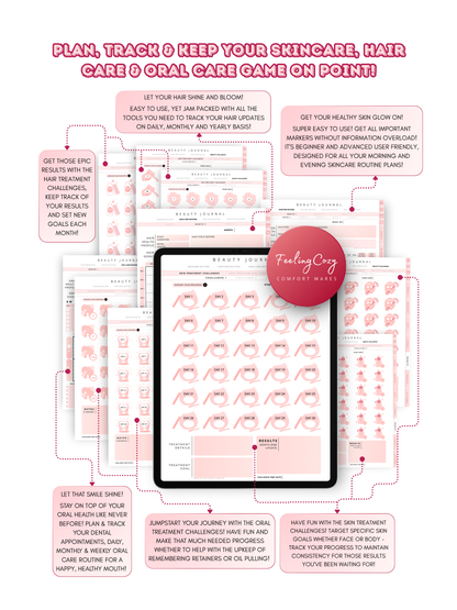 Glow-Up Planner beauty journal — skincare routine tracker, hair care planner, and oral care routine with 30-day treatment challenges for iPad by Feeling Cozy