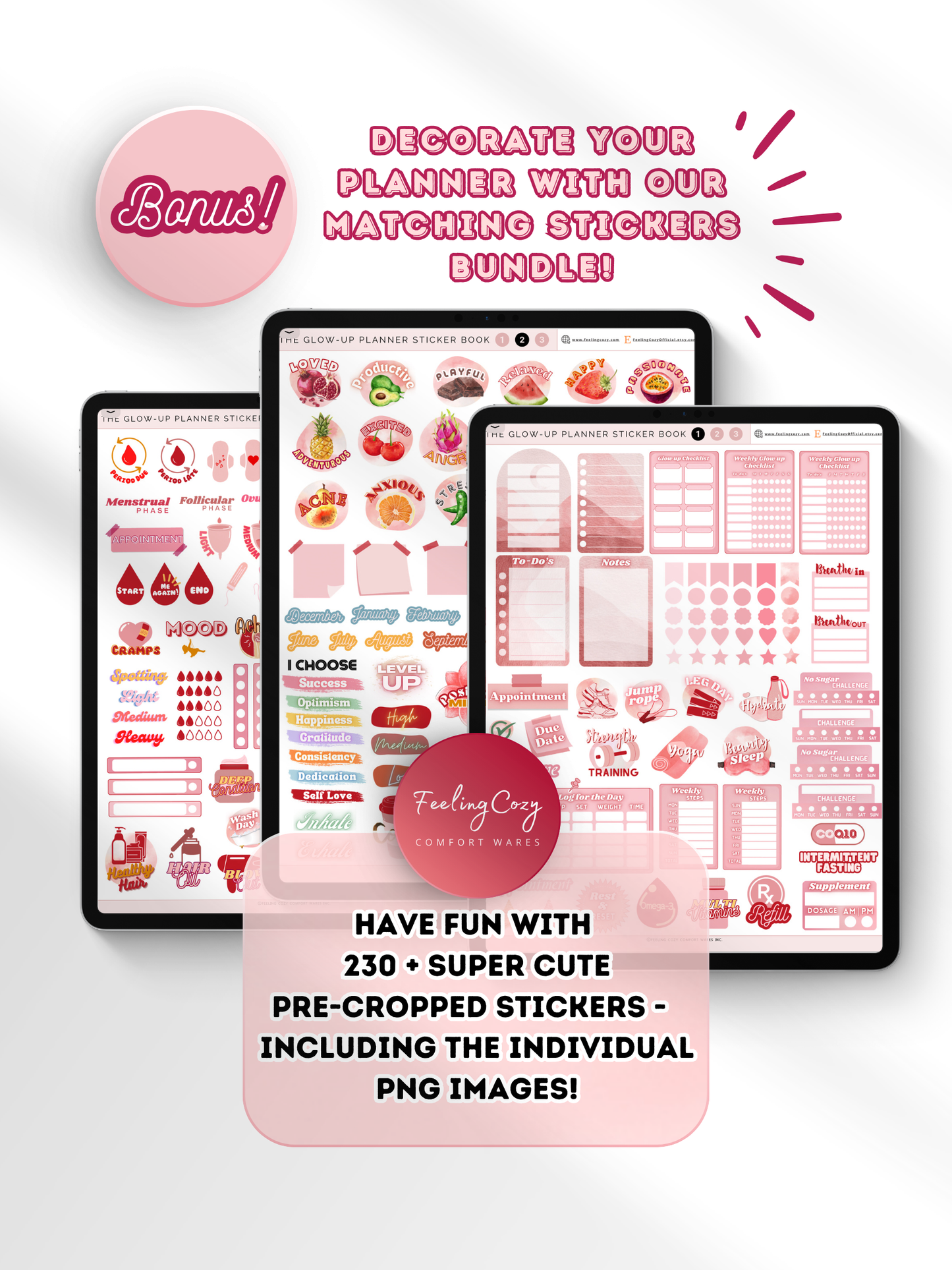 Bonus digital stickers bundle for The Glow-Up Planner — 230+ pre-cropped pink aesthetic stickers for fitness, beauty, mood, and cycle tracking in Goodnotes by Feeling Cozy