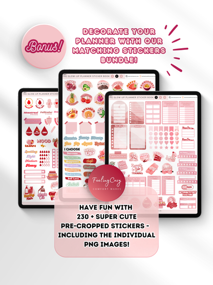 Bonus digital stickers bundle for The Glow-Up Planner — 230+ pre-cropped pink aesthetic stickers for fitness, beauty, mood, and cycle tracking in Goodnotes by Feeling Cozy